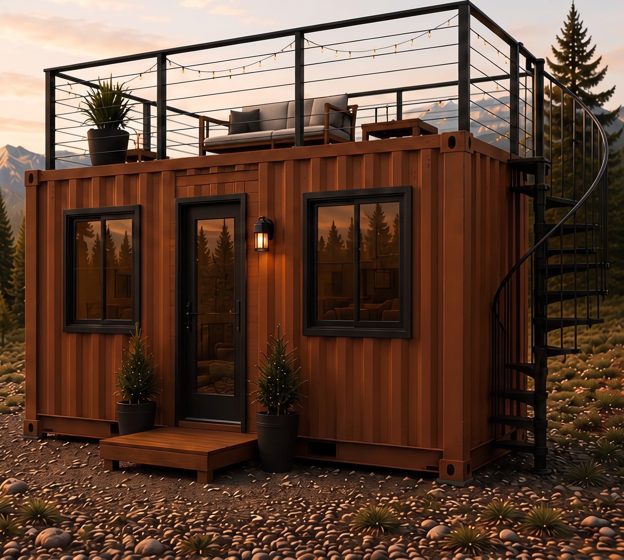 Rendering of the Bitterroot: a rust-coloured 30 ft container home with large windows, a timber step and a railed rooftop deck reached by a spiral staircase