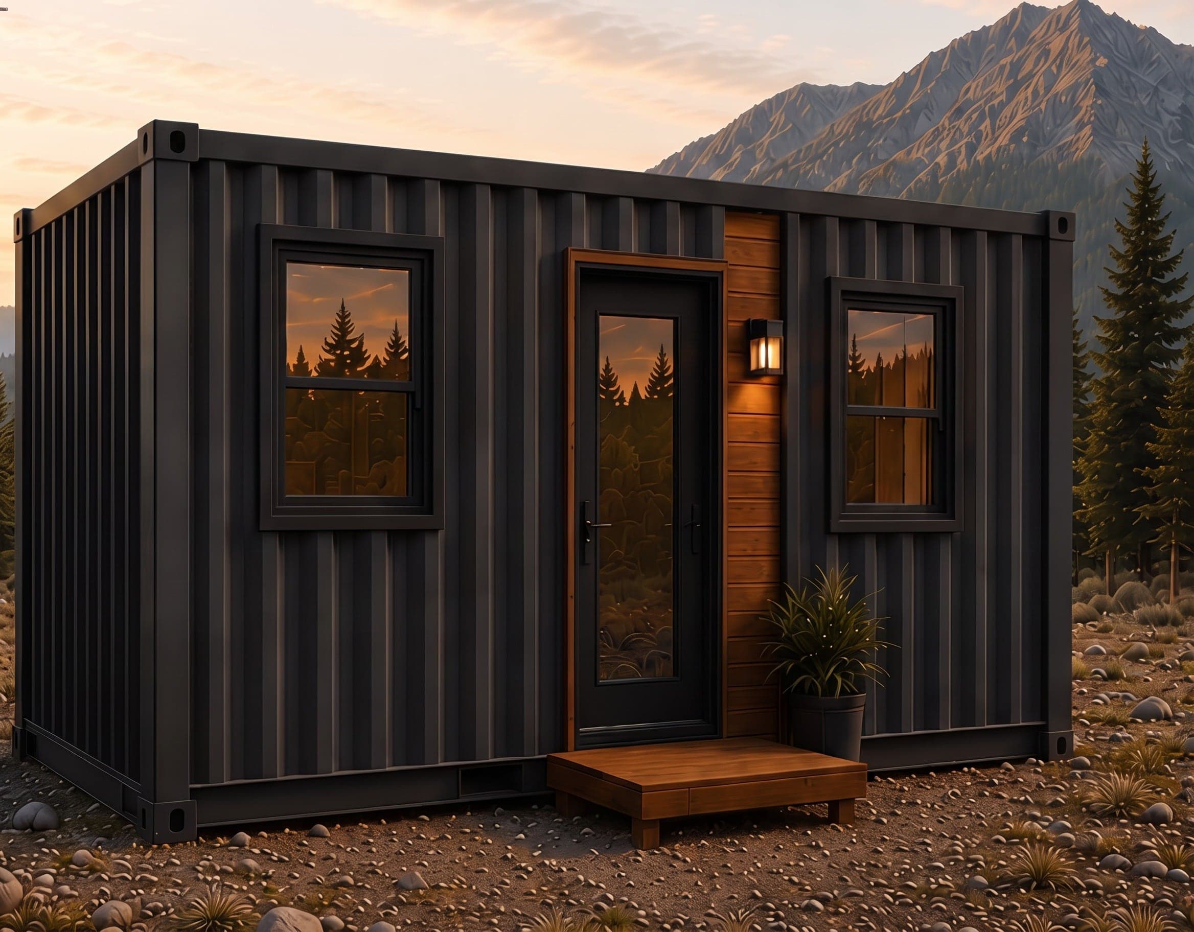 Rendering of the Pioneer: a black 20 ft container home with a timber-clad entry, a glazed door and a small deck, on a gravel site below a mountain at dusk