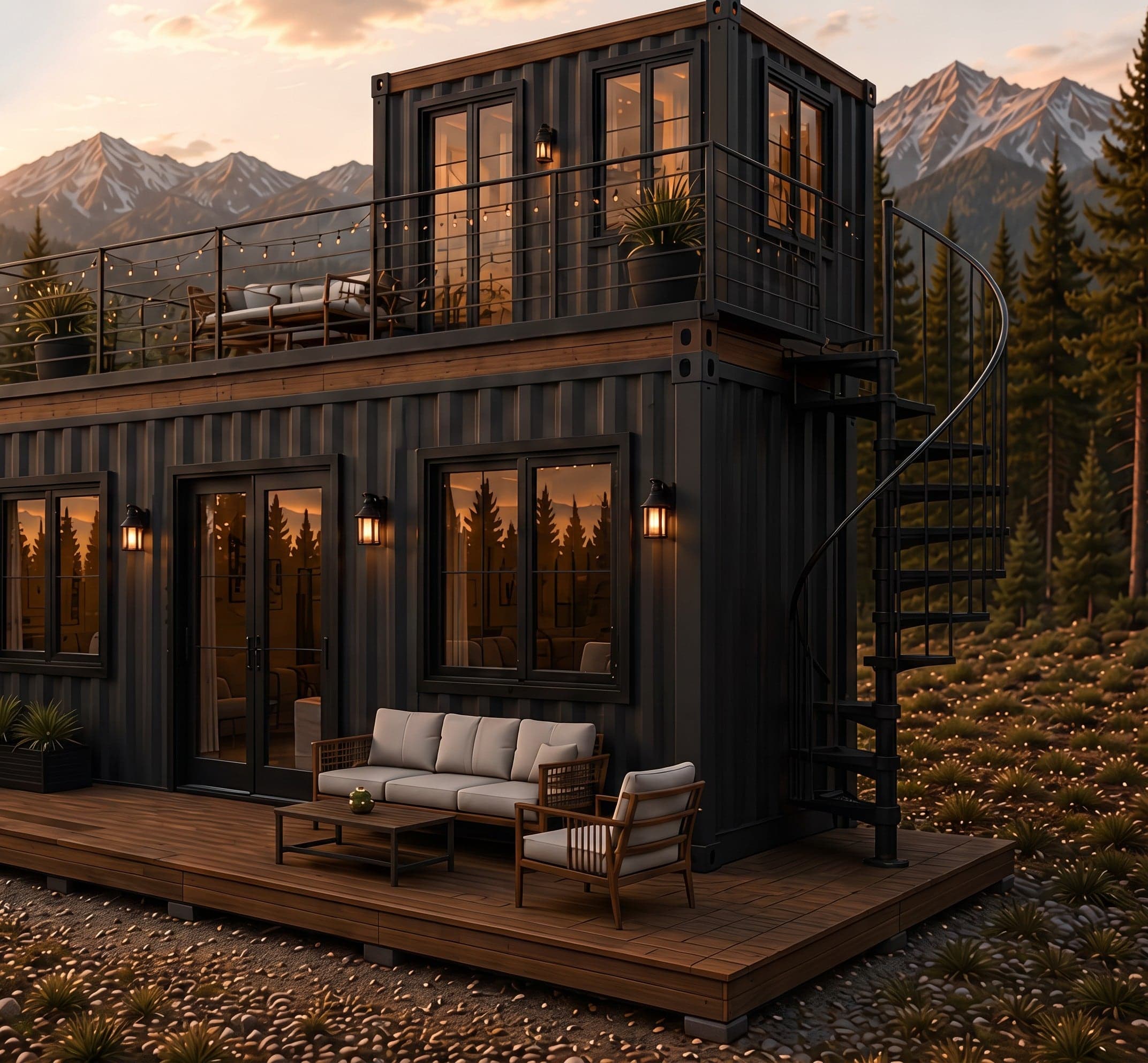 Rendering of the Sawtooth: a 20 ft container set on top of a 40 ft one, with a deck on the lower roof, a spiral staircase and a timber terrace at ground level