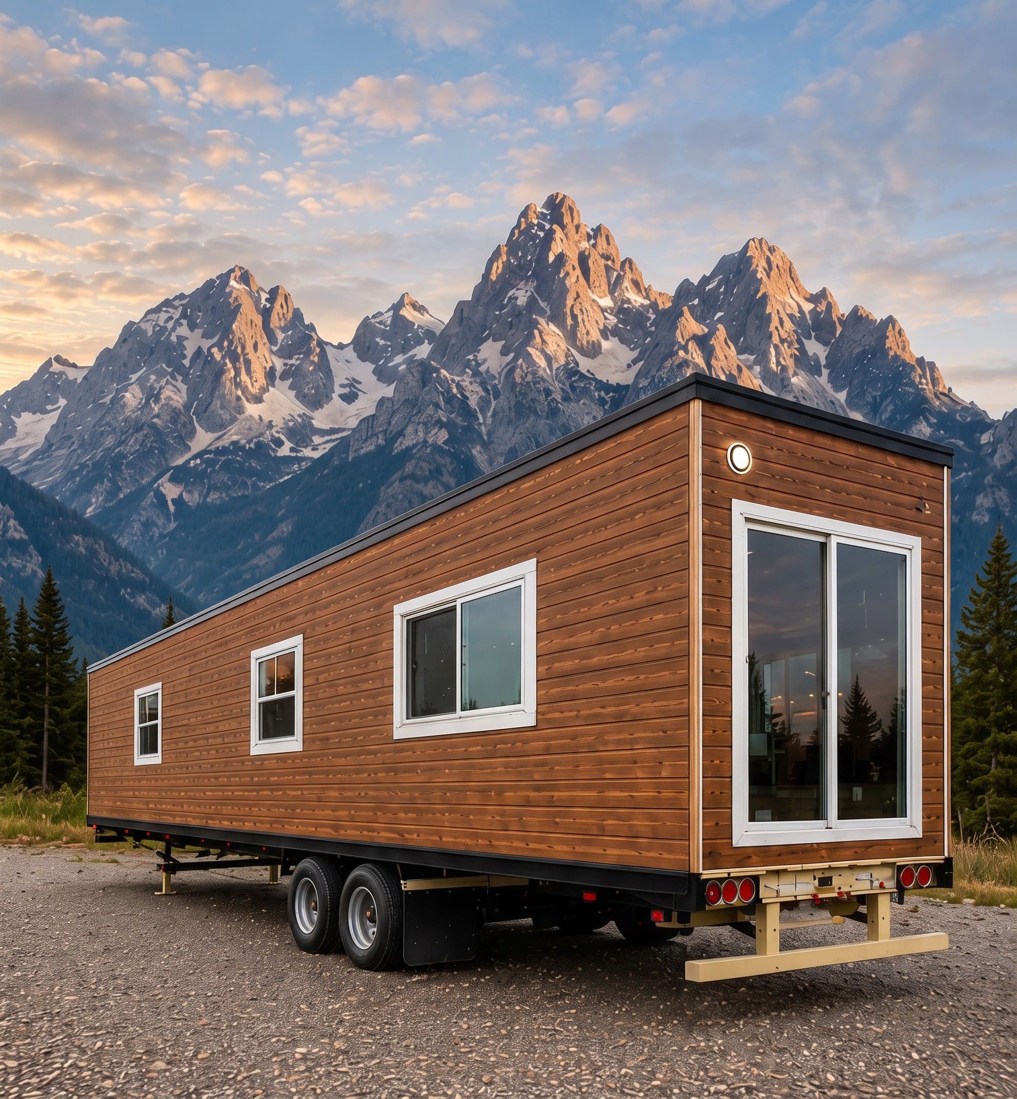 Rendering of the Teton: a timber-clad tiny home on a 53 ft semi trailer, parked on gravel below a mountain range