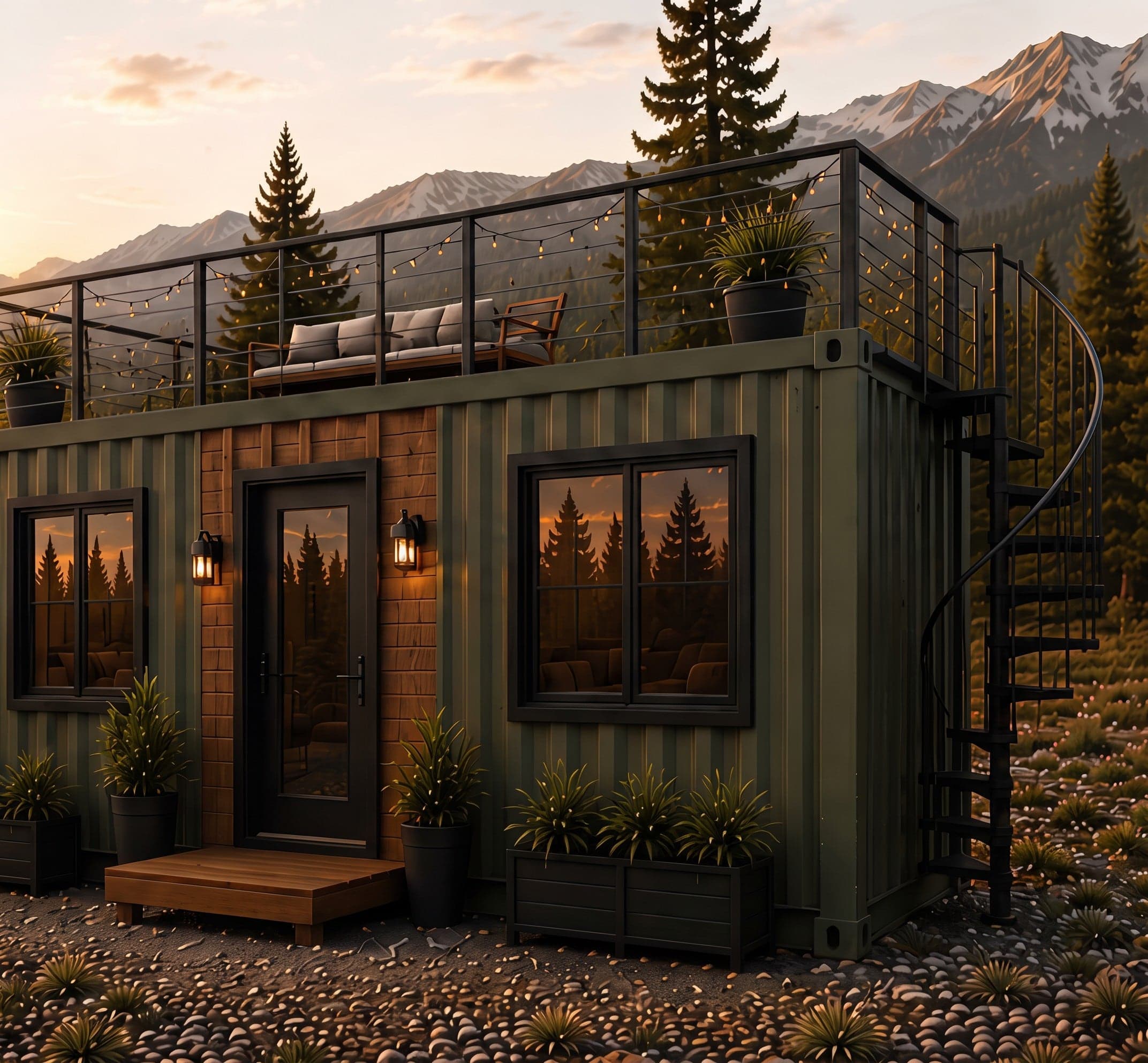 Rendering of the Uinta: an olive green 40 ft container home with lit windows, a timber-clad entry and a railed rooftop deck, on a gravel site at dusk
