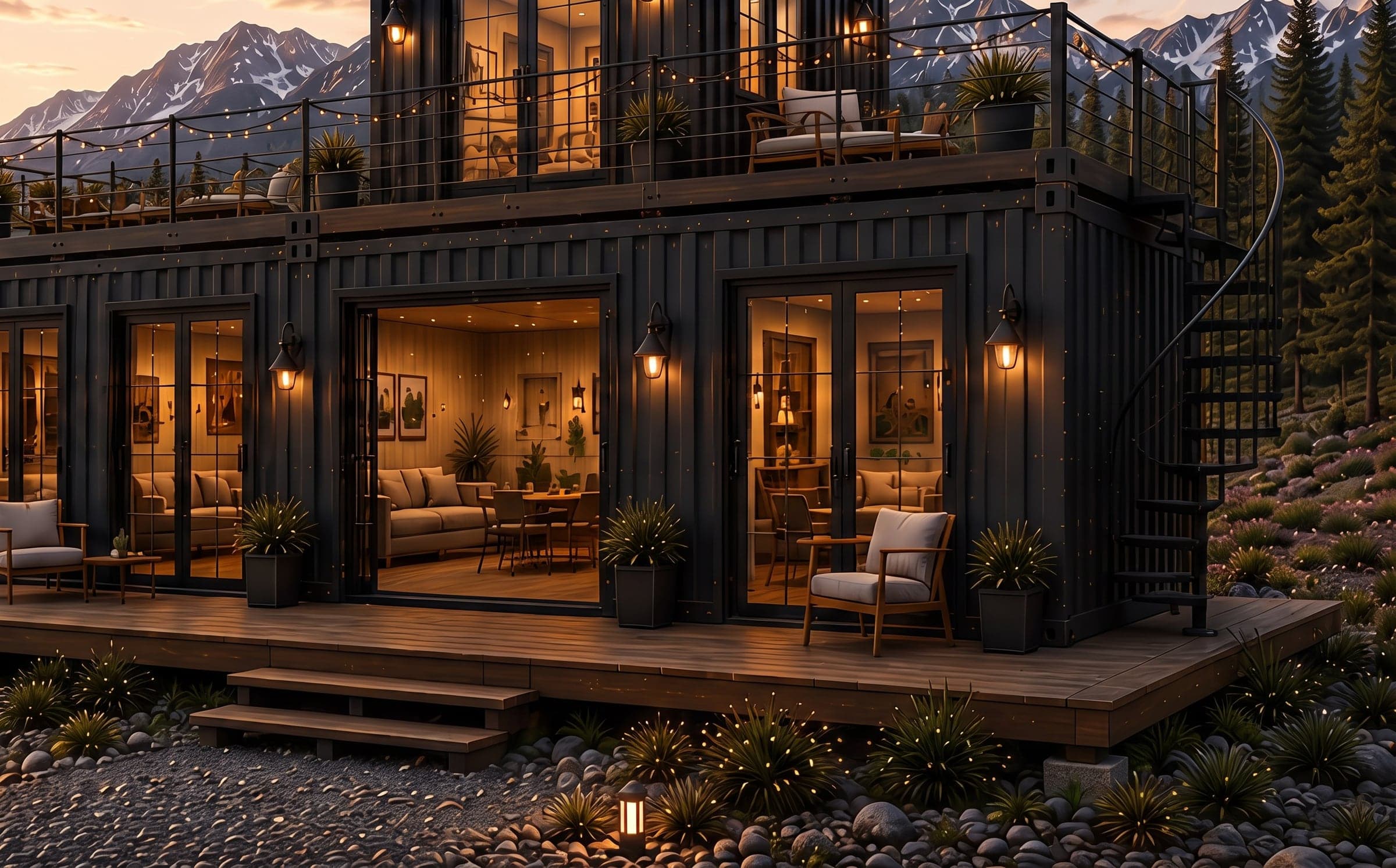 Rendering of the Wasatch: two black 40 ft containers joined on the ground with a third set across them above, lit from inside, with a timber terrace along the front